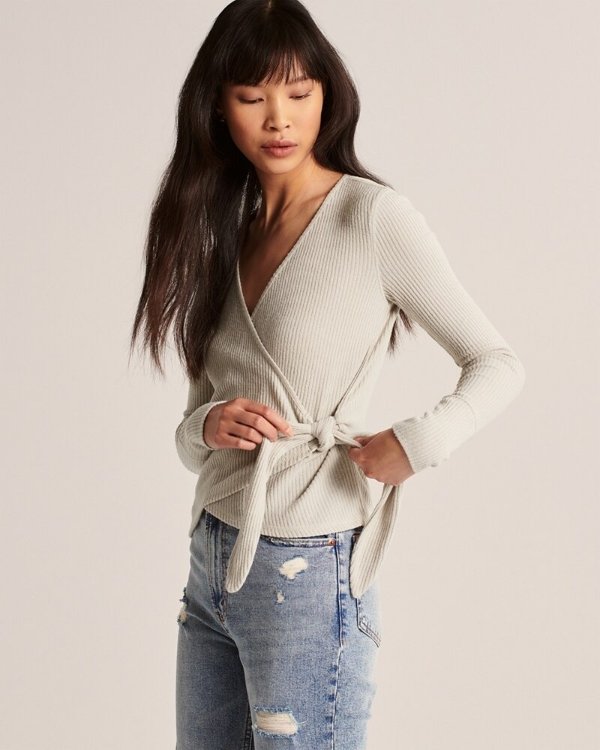 Womens Wrap-Front Long-Sleeve Ribbed Tee | Womens Up To 60% Off Select Styles | Abercrombie.com