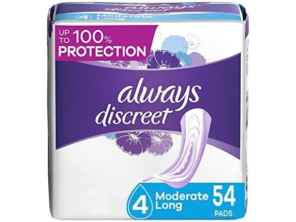 Discreet, Incontinence & Postpartum Pads For Women, Size 4, Moderate Absorbency, Long Length, 54 Count