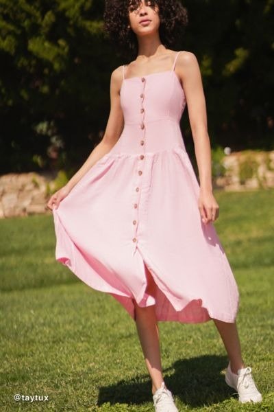 UO Linen Button-Down Drop Waist Midi Dress