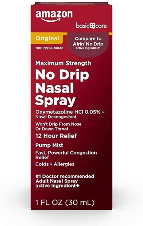 Amazon Basic Care No Drip Nasal Spray, Oxymetazoline HCl; Provides 12 Hour Nasal Congestion Relief, 1 Fluid Ounce