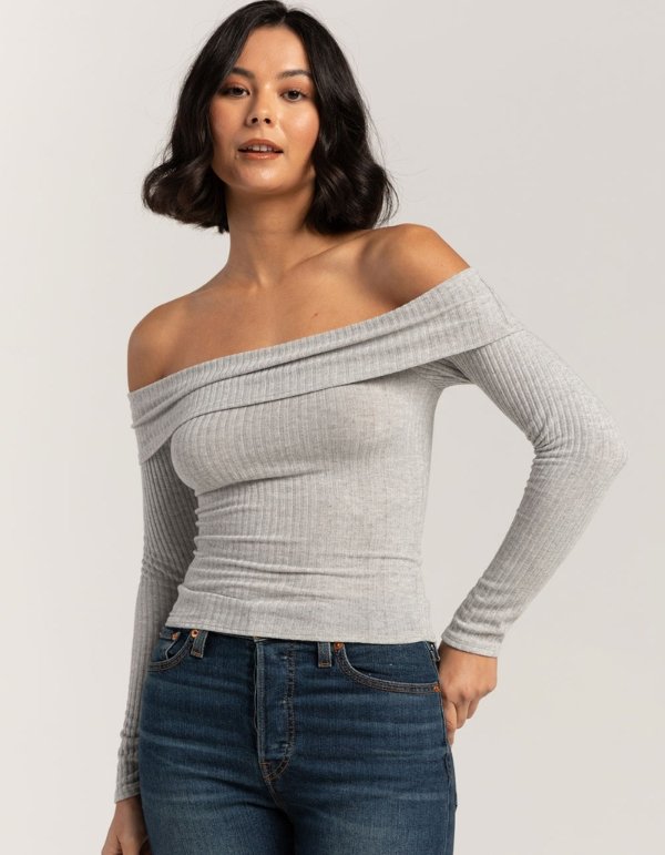Fold Over Rib Off The Shoulder Womens Top
