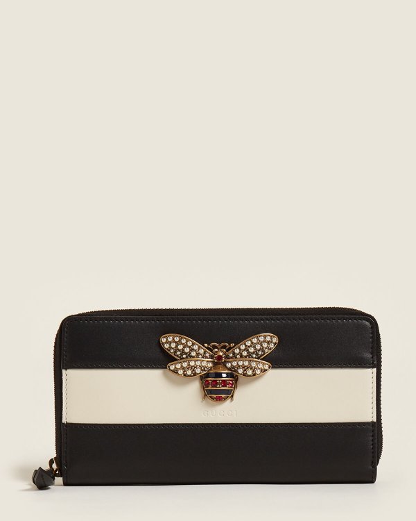 Jeweled Bee Striped Leather Zip-Around Wallet