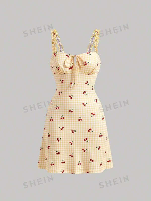 MOD Gingham & Cherry Print Tie Front Dress |USA