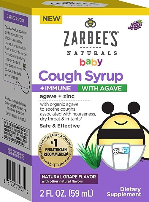Zarbee's Baby Cough Syrup + Immune, Drug & Alcohol-Free Infant Cough Relief with Agave & Zinc, Natural Grape Flavor, 2Fl Oz
