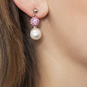 Pearl Drop Earrings with Pink Swarovski Crystals
