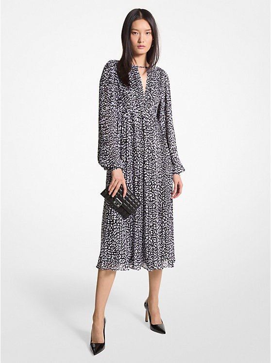Pleated Leopard Print Georgette Midi Dress