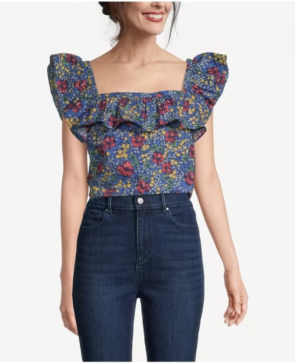 Floral Ruffle Square Neck Top
