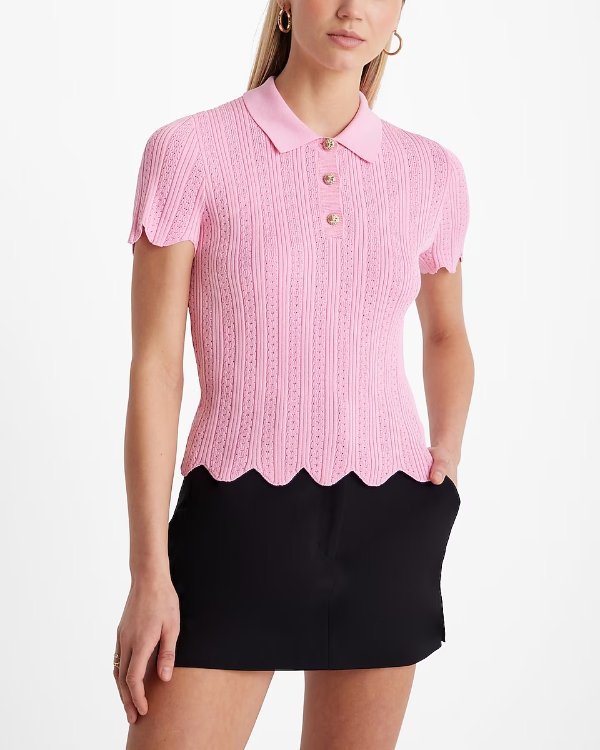 Ribbed Scalloped Novelty Button Short Sleeve Polo Sweater