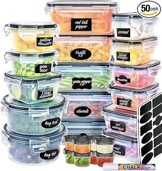 50-piece Food storage Containers Set with Lids, Plastic Leak-Proof BPA-Free Containers for Kitchen Organization, Meal Prep, Lunch Containers (Includes Labels & Pen)