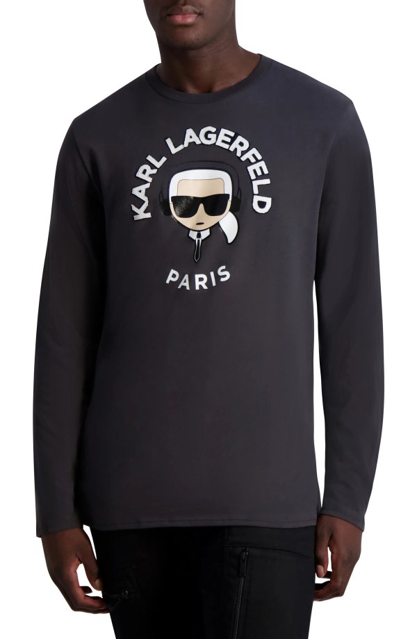 Karl Logo Applique Long Sleeve Cotton T-Shirt