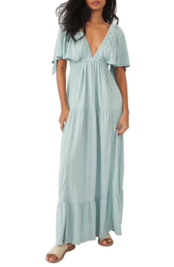 La La Tiered Flutter Sleeve Maxi Dress