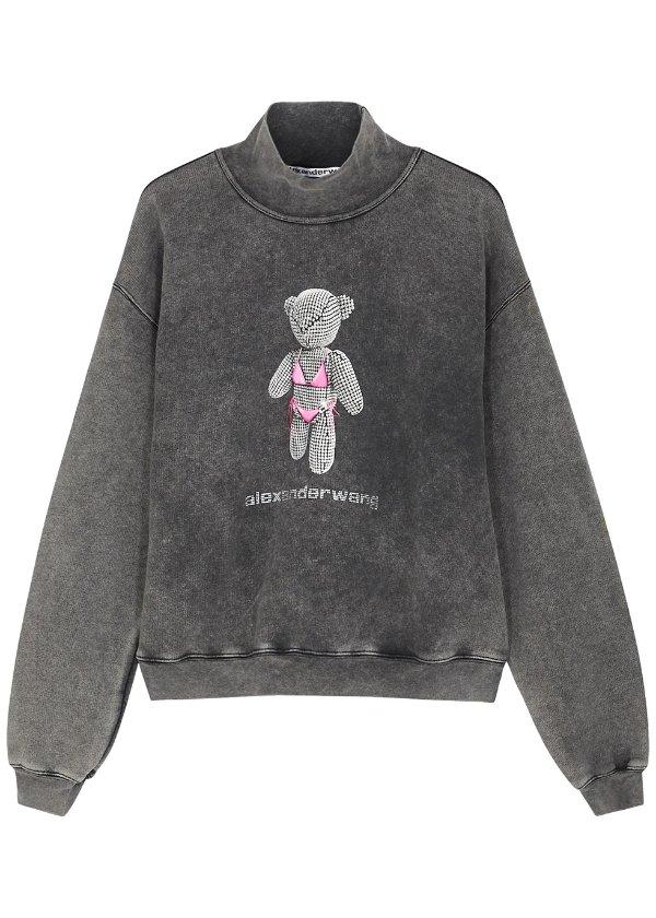 Grey teddy-print embellished cotton sweatshirt