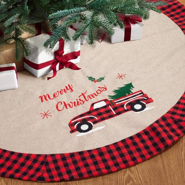 GMOEGEFT Christmas Tree Skirt Burlap with Buffalo Check Trim Rustic Truck and Tree Applique