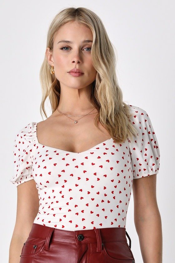 Forever Your Crush Ivory Heart Print Puff Sleeve Bodysuit