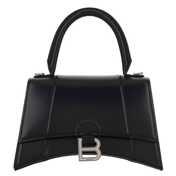 Black Leather Small Hourglass Box Top Handle Bag