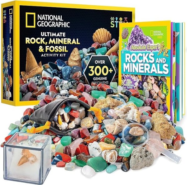 NATIONAL GEOGRAPHIC Rock Collection Box for Kids – 300+ Piece Rock Set with Real Fossils, Gemstones, and Crystals- Includes Absolute Expert: Rocks & Minerals Full-Color Book (Amazon Exclusive)