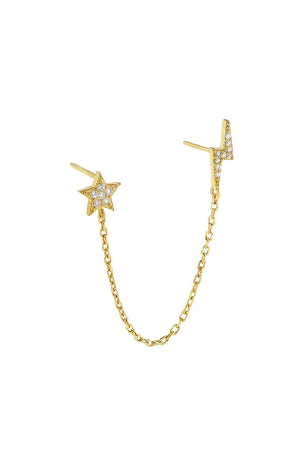 Pave Star & Lightning Chain Double Stud Single Earring