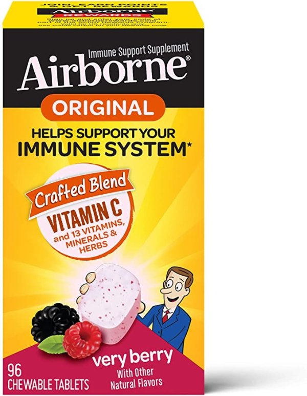 Vitamin C 1000mg (per serving) - Airborne Very Berry Chewable Tablets (96 count in a box), Gluten-Free Immune Support Supplement With Vitamins A C E, ZINC, Selenium, Echinacea, Ginger, Antioxidants