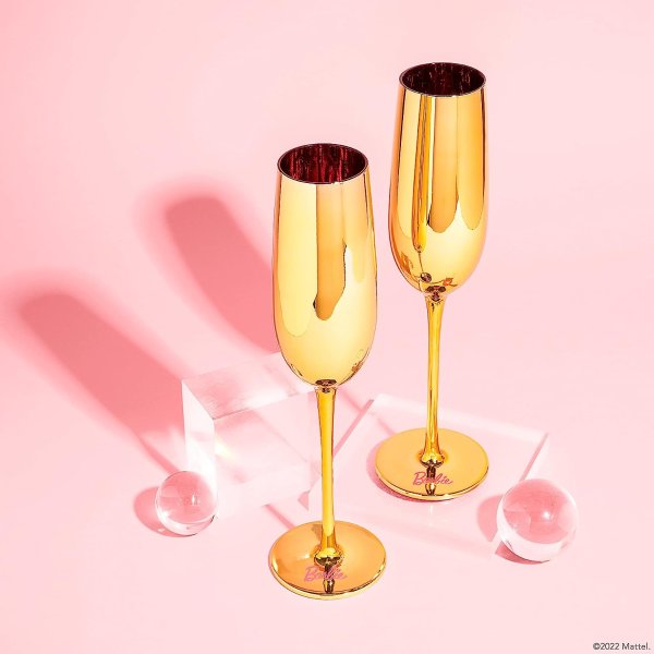 Dragon Glassware x Barbie Champagne Flutes, Barbie Dreamhouse Collection, Gold with Pink Interior Crystal Glass, Mimosa and Cocktail Glasses, 8 oz Capacity, Set of 2