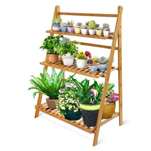 OGORI Bamboo Ladder Plant Stand 3-Tier Foldable Organizer Flower Display Shelf Rack for Home Patio Lawn Garden Balcony