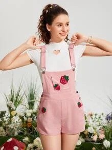 MOD Strawberry Patched Crisscross Back Overall Romper