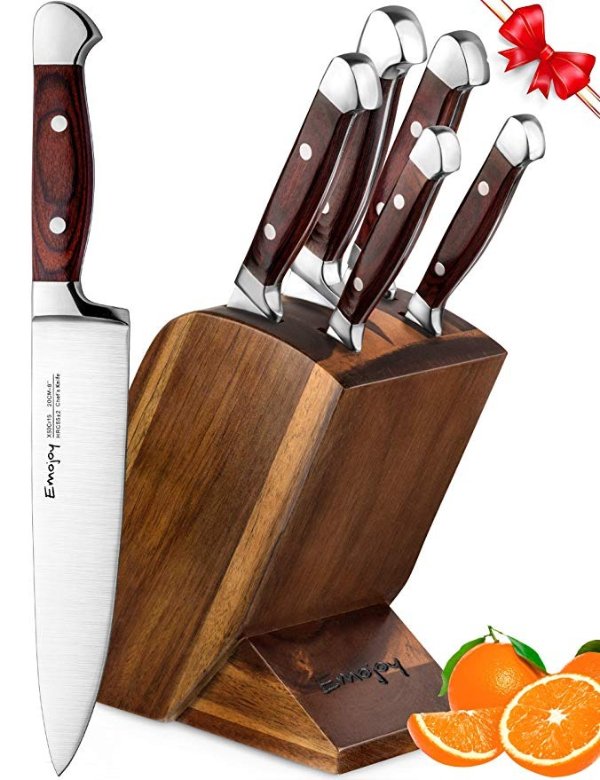 Knife Set, 6 Piece Kitchen Knife Set with Block Wooden, Self Sharpening Manual for Chef Knife Set, German Stainless Steel, Emojoy (Germen Steel).
