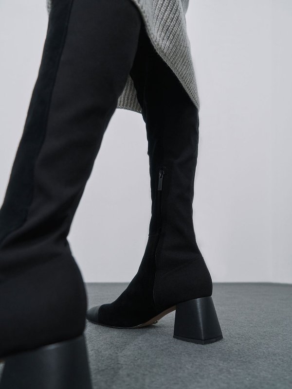 Black Leather & Kid Suede Thigh High Boots | CHARLES &amp; KEITH