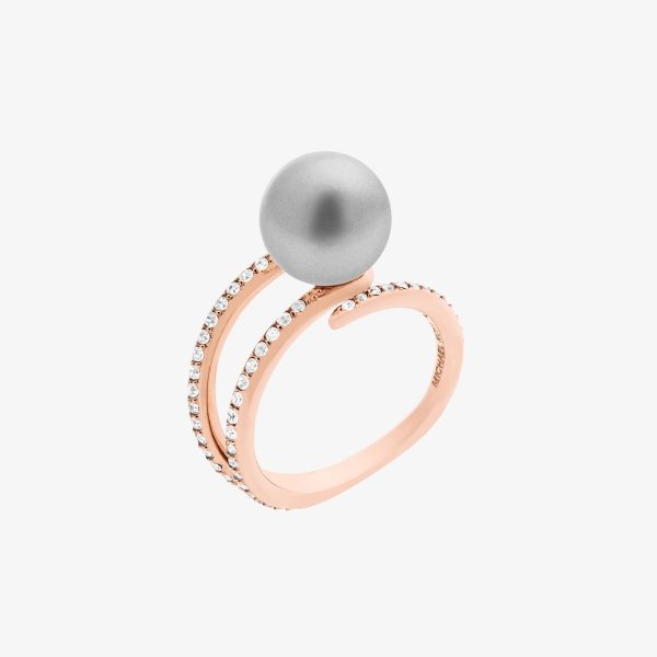 Pave Rose Gold-Tone/Glass Pearl Ring