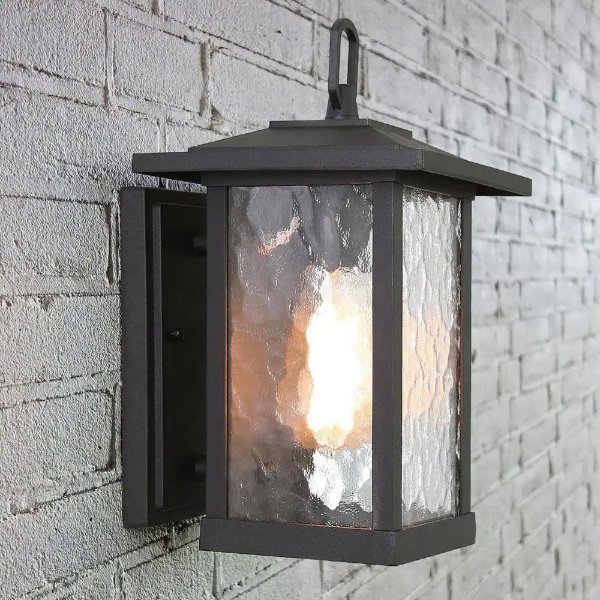 Modern Black Outdoor Wall Sconce, Farmhouse Lantern Coach Light with Waterglass Shade, 1-Light Porch Patio Deck Lighting