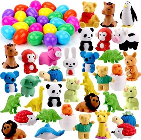 24 Pack Prefilled Easter Eggs for Kids with 48 Animal, Pencil Erasers Easter Basket Stuffers Prefilled Easter Egg Toys