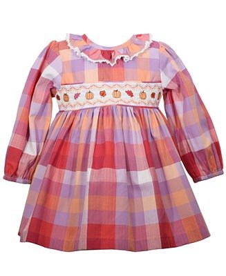 Baby Girls Yarn Dyed Harvest Motif Smocked Insert and Pier Rot Collar Long Sleeves Plaid Dress