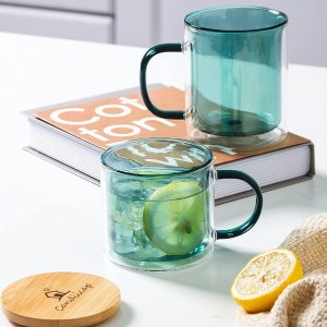 Candiicap Clear&Colorful Double Walled Glass Coffee Mug with Lid