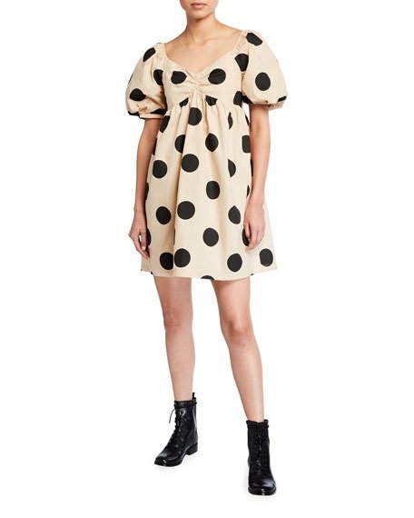 Polka Dot Puff-Sleeve Mini Dress