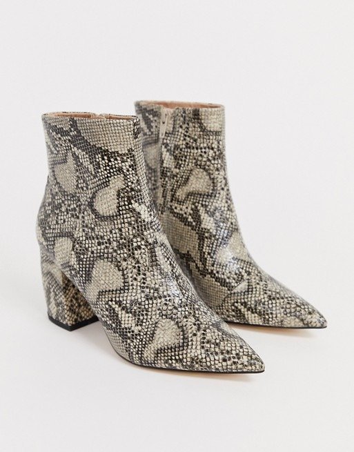 aloud pointed block heel ankle boots in snake | ASOS