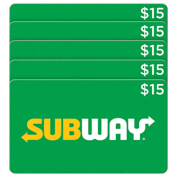 Subway $15 电子礼卡5张 (总值$75)