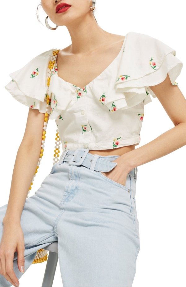 Embroidered Frill Crop Top