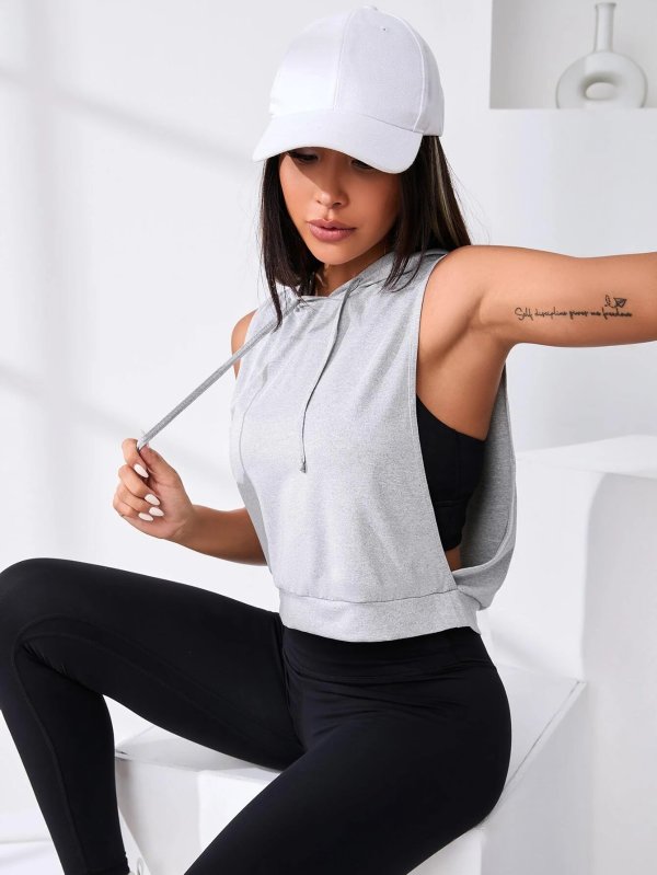 Cut Out Drawstring Sports Hoodie