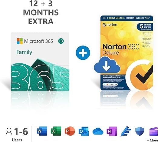 Microsoft 365 家庭版会员 + Norton 360 Deluxe 15个月