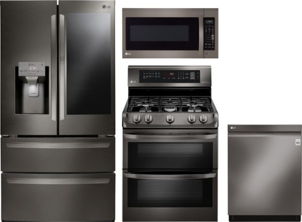 LG LGRERADWMW5277 4 Piece Kitchen Appliances Package with French Door Refrigerator, Gas Range, Dishwasher and Over the Range Microwave in Black Stainless Steel