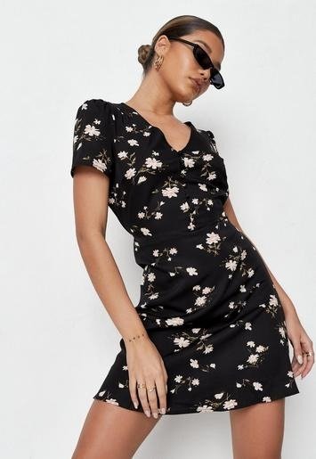 - Black Floral Print Half Button Tea Dress