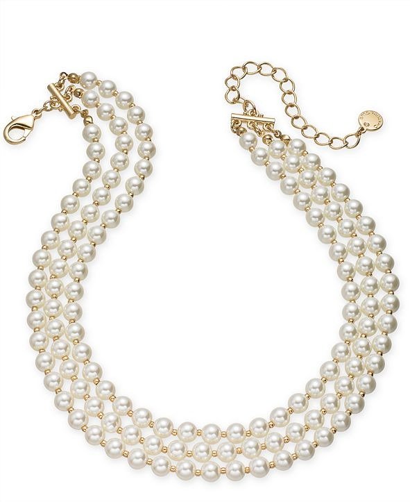 Gold-Tone Imitation Pearl Triple-Row Choker Necklace, 16" + 2" extender, Created for Macy's