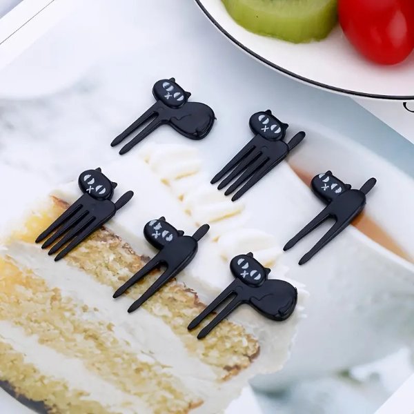 6pcs Adorable Cat Fruit Forks - Perfect for Snacks, Cakes, and Bento Lunch Boxes - Black
