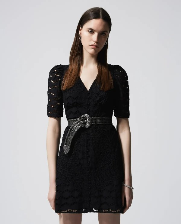 Short buttoned black lace dress