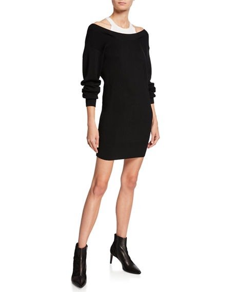 Ribbed Off-Shoulder Mini Sweater Dress with Tank
