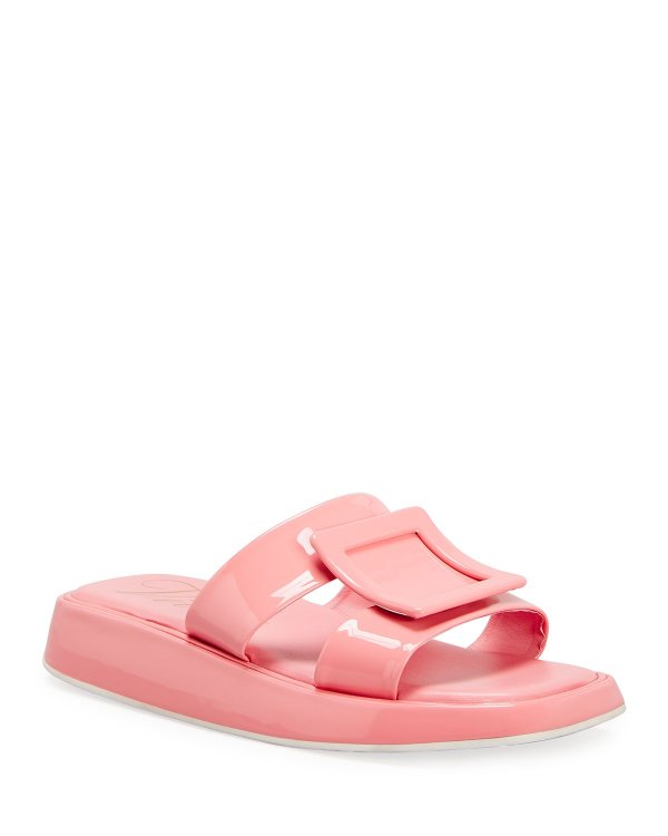 Patent Leather Buckle Slide Sandals