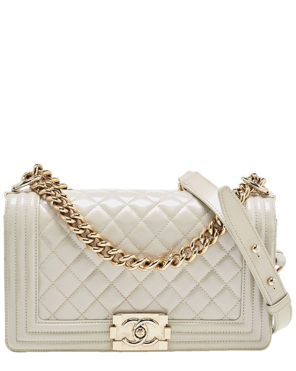 White Quilted Patent Leather Medium Boy Double Flap Bag (Authentic Pre-Owned) / Gilt