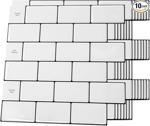 Art3d Backsplash Tile for Kitchen Peel and Stick, 10-Sheet Stick on Subway Tiles for Kitchem, Bathroom Back Splashes, 12"x12", Warm White with Black Grout