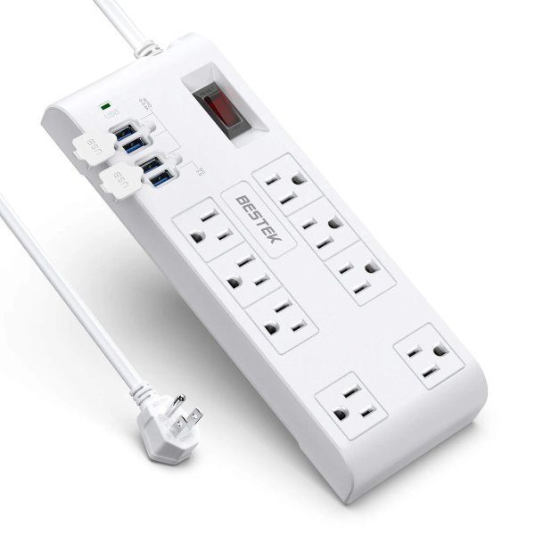 BESTEK Quick Charge 3.0 Power Strip Surge Protector USB,Plug 8-Outlet 4 USB Ports, 6-Foot Flat Angle Plug Heavy Duty Extension Cords (White)