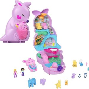Polly Pocket 2-in-1 Travel Toy Playset, Animal Toy with 2 Dolls & Accessories, Mama & Joey Kangaroo Purse Large Compact