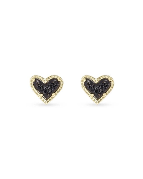 Ari Heart Gold Stud Earrings in Black Drusy | Kendra Scott